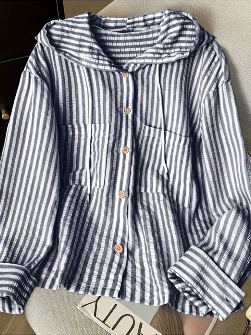 Striped Button-Front Hooded Shirt Jacket - Navy & White